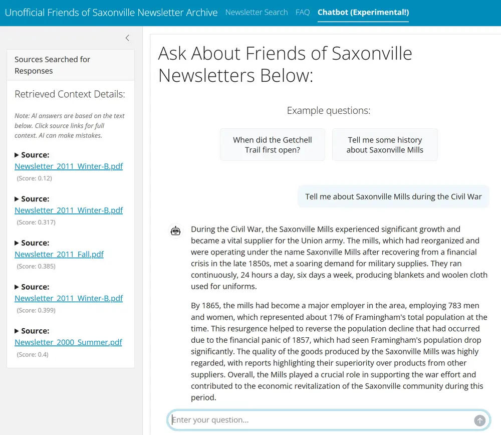 Screenshot of app with a chatbot answering a question about the history of Saxonville Mills in the Civil War. Links to source newsletter are at left.