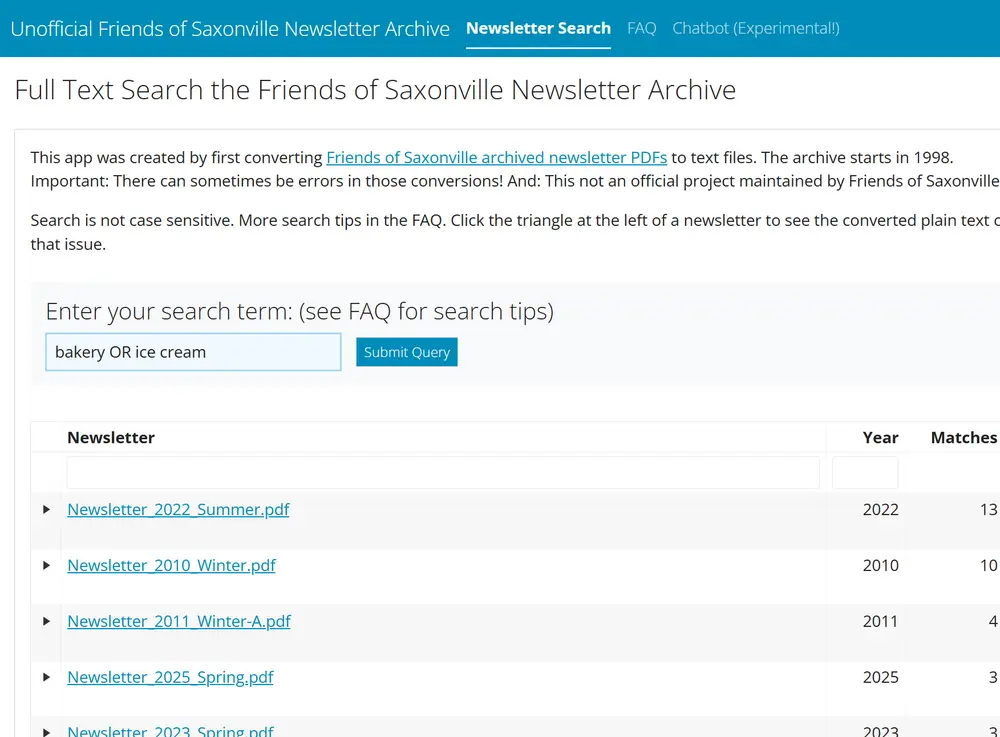 Image of the text search app with the query 'bakery OR ice cream' and links to newsletter results below