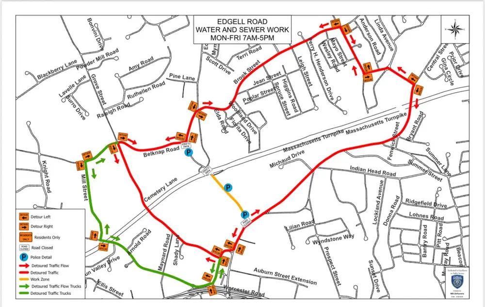 Map of detours during Edgell Road water and sewer work