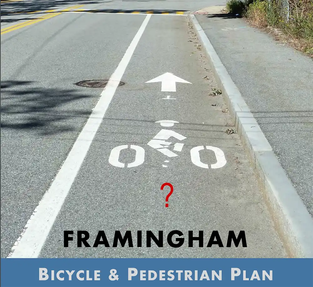 Image of the first page of the Framingham Bicycle & Pedestrian Plan, including a photo of a bike lane, with a red question mark added