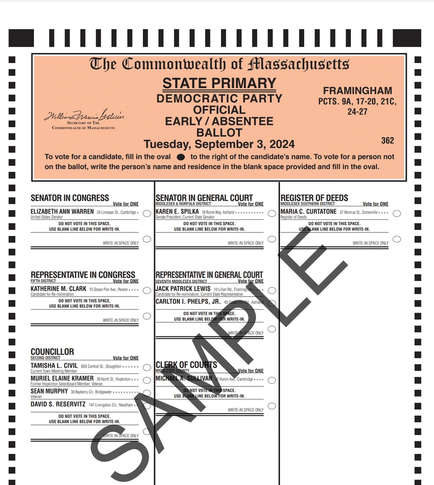 Sample Democratic ballot for precincts in the 7th Middlesex district