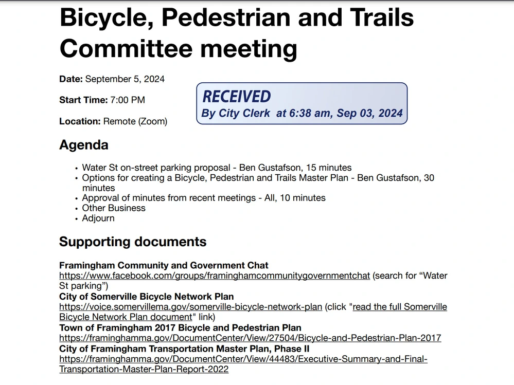 Screen shot of the meeting agenda showing date, time, agenda items, and links to supporting documents