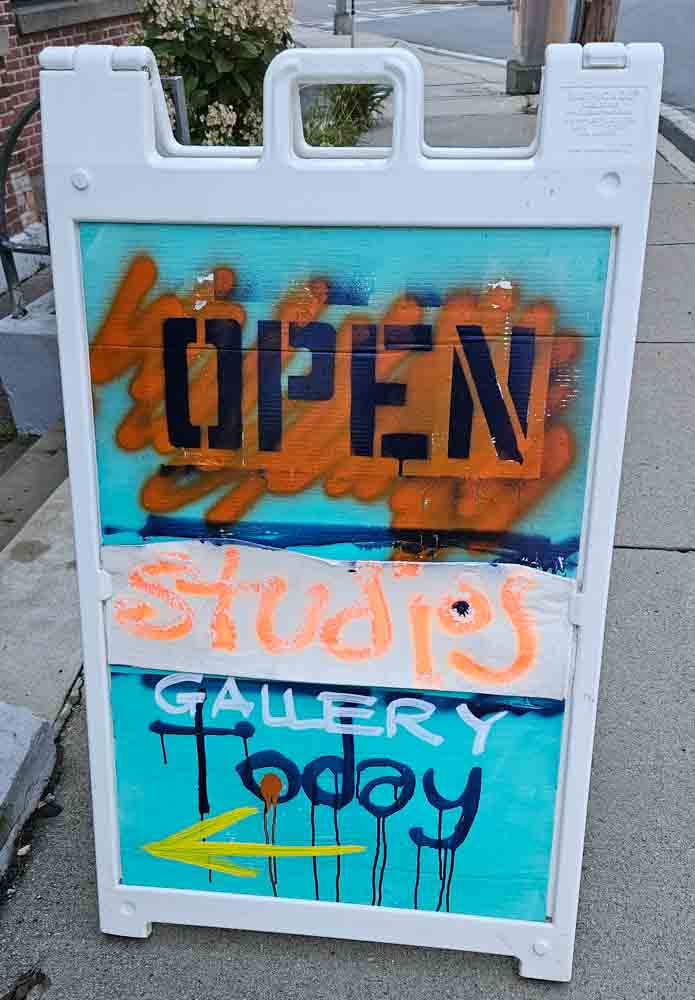 Sign outside the mill on the sidewalk that reads &#039;Open Studios Today'