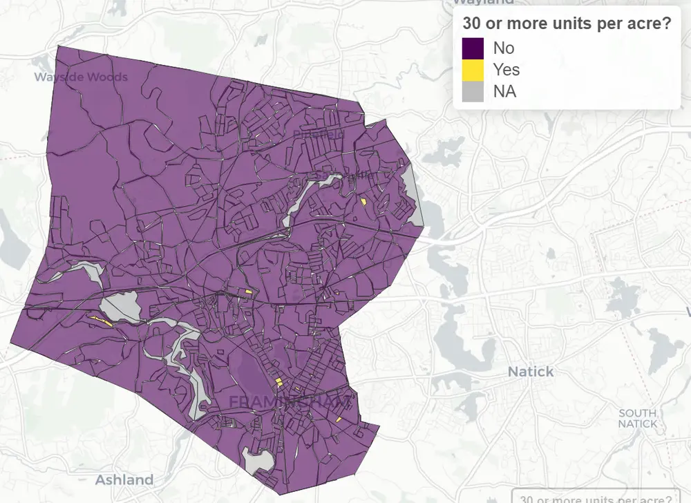 Map of Framingham showing few areas with density of 30 housing  units per acre or higher