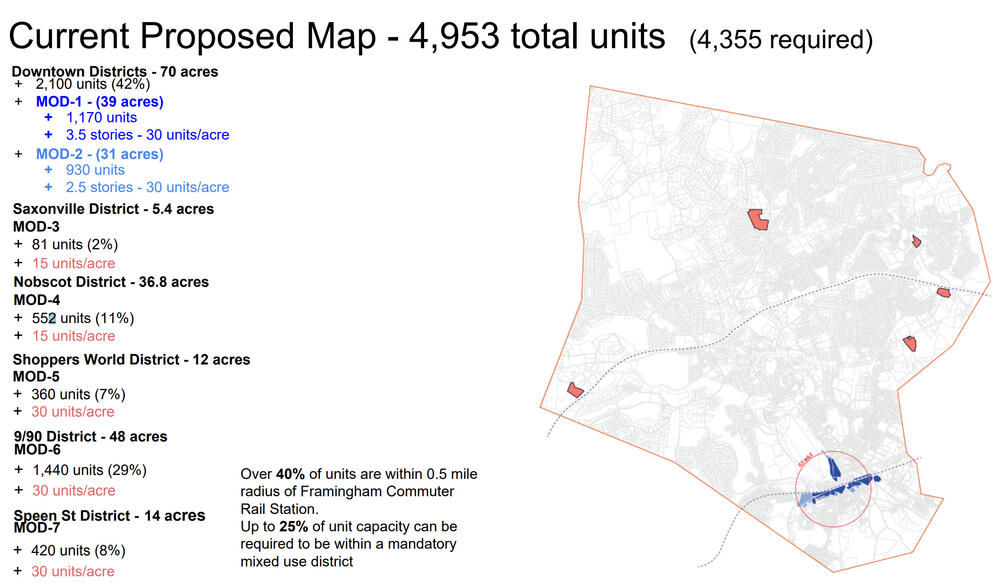 Map of Framingham with various parcels marked where zoning would be changed