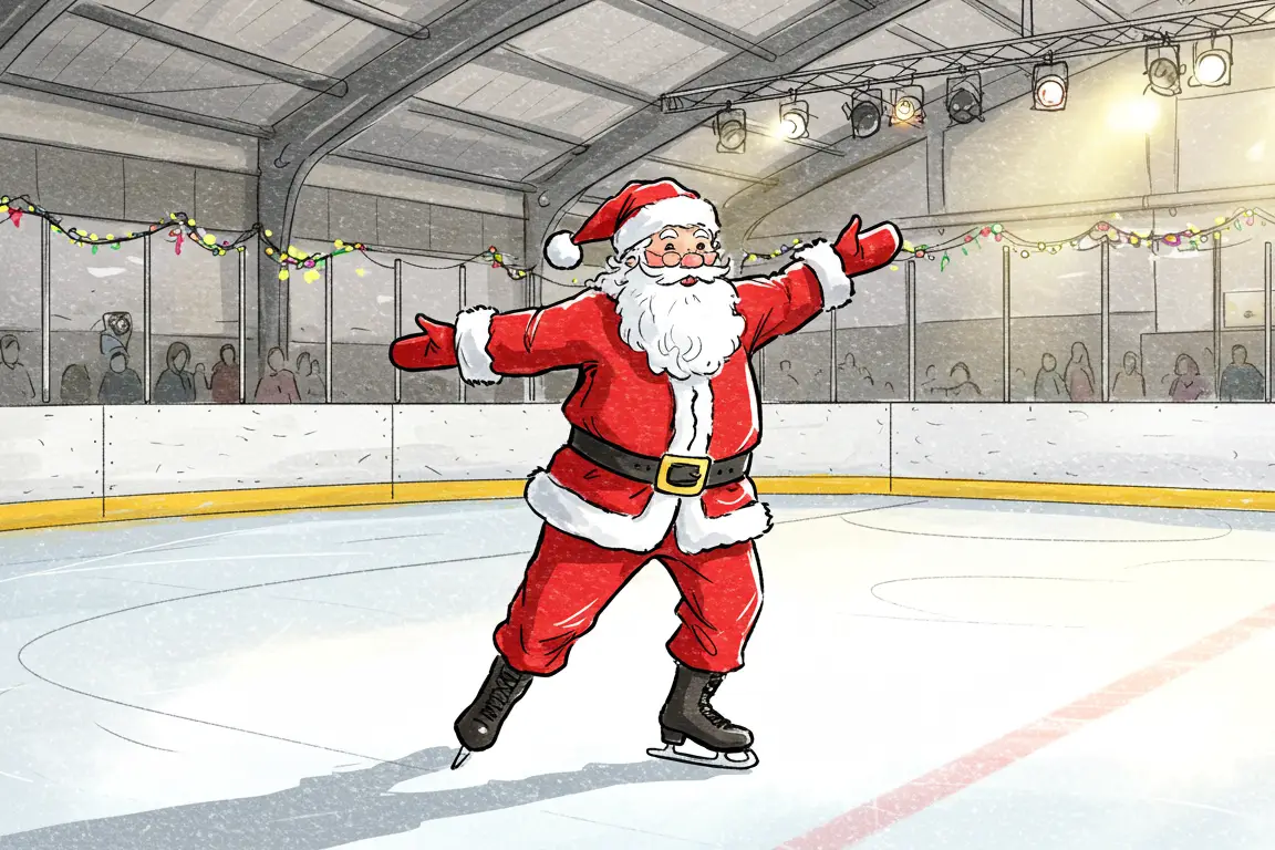 Sketch-type image of Santa skating in an indoor rink with holiday lights around. Image created by Google Labs FX generative AI.