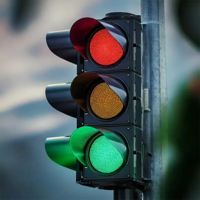 Close-up of a traffic light. Image created by Adobe Photoshop generative AI.