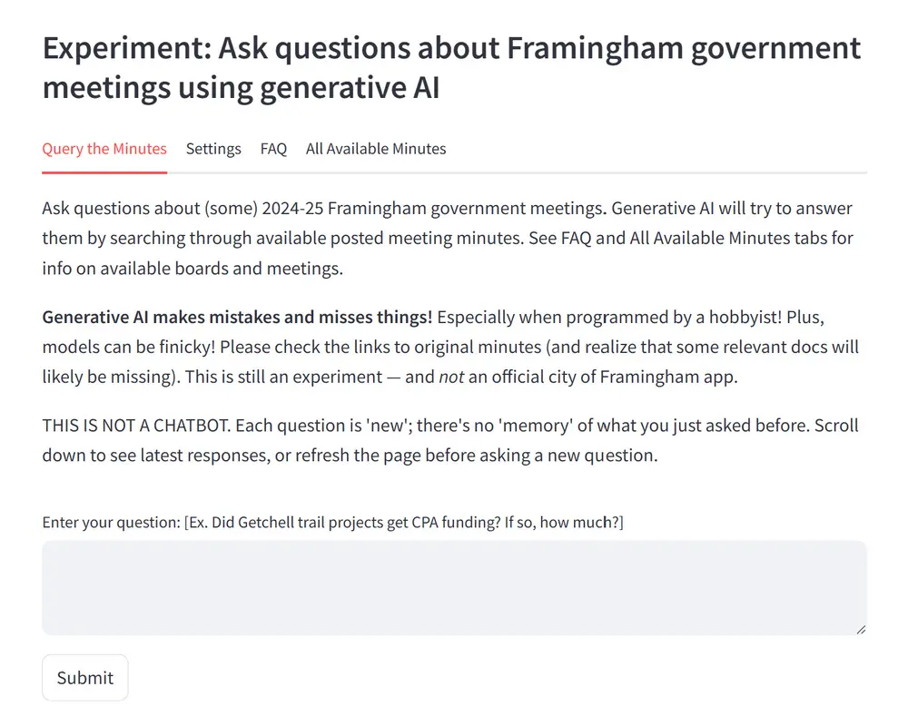 Screenshot of app titled &#039;Experiment: Ask questions about Framingham government meetings using generative AI' with tabs for Query the Minutes, Settings, FAQ, and All Available Minutes