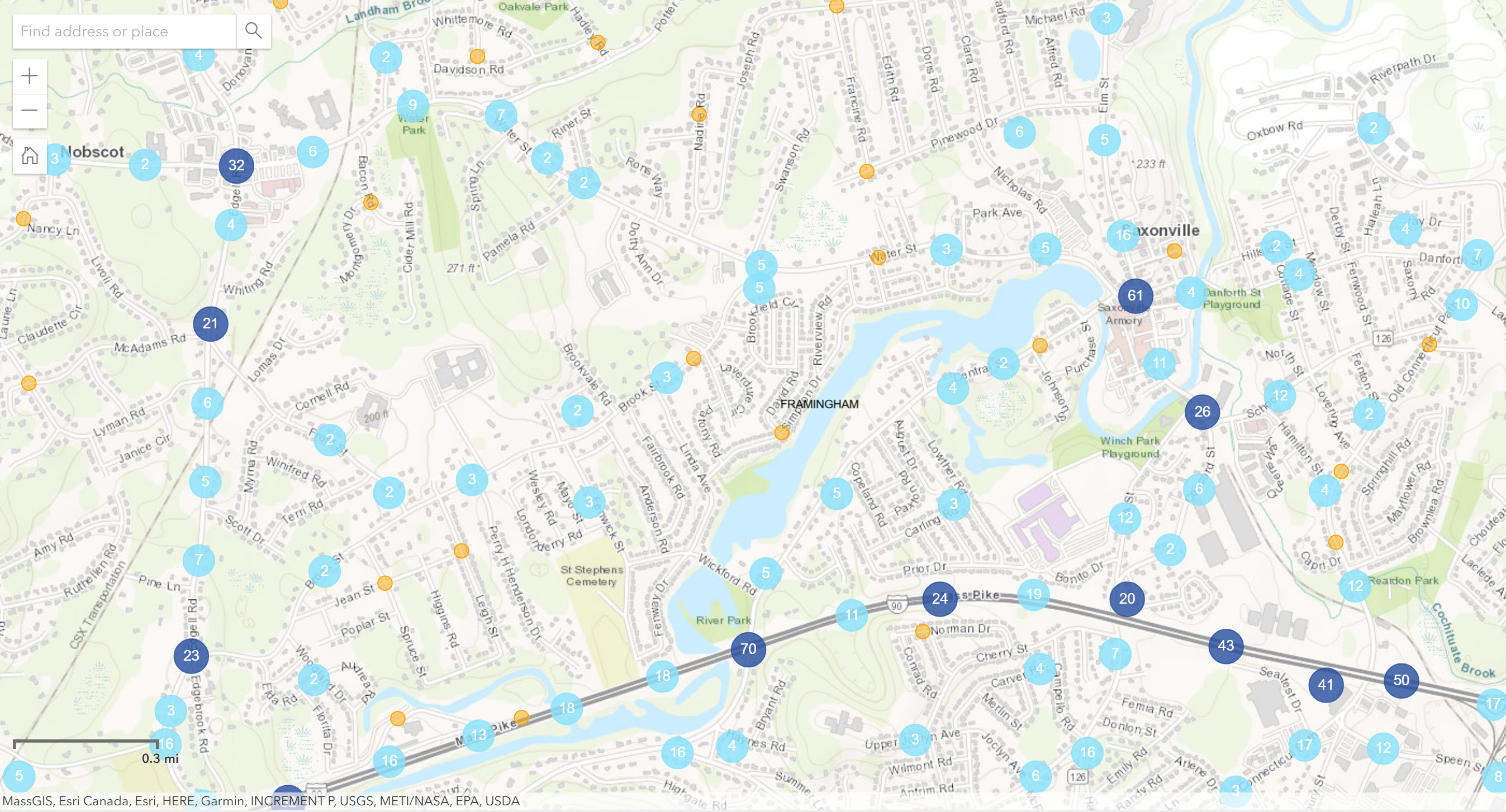 Map with numbers showing number of reported accidents at various areas of north Framingham